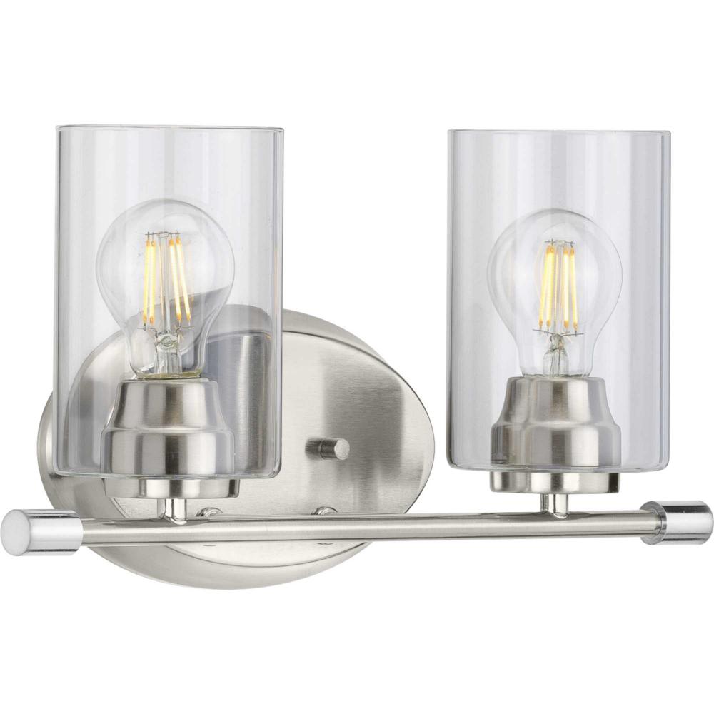 Riley Collection Two-Light Brushed Nickel Clear Glass Modern Bath Vanity Light