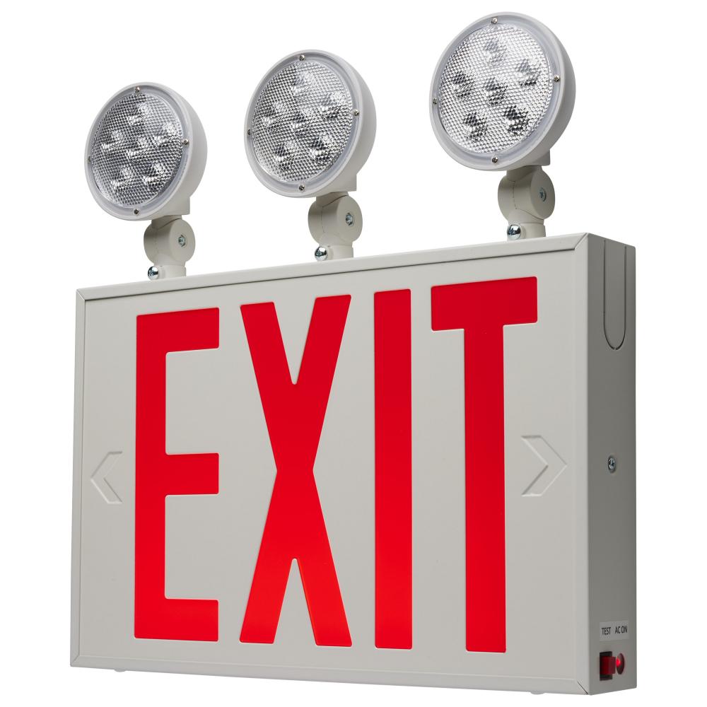 Combination Red Exit Sign/Emergency Light, 90min Ni-Cad backup, 120/277V, Tri Head, Single/Dual