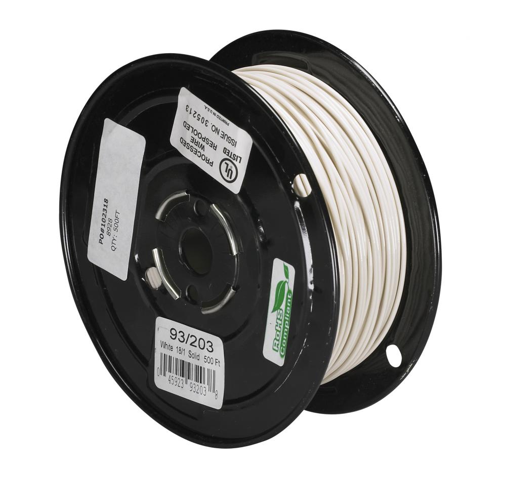 Lighting Bulk Wire; 18/1 Solid 105C AWM TFN-PVC; Nylon; 500 Foot/Spool; White