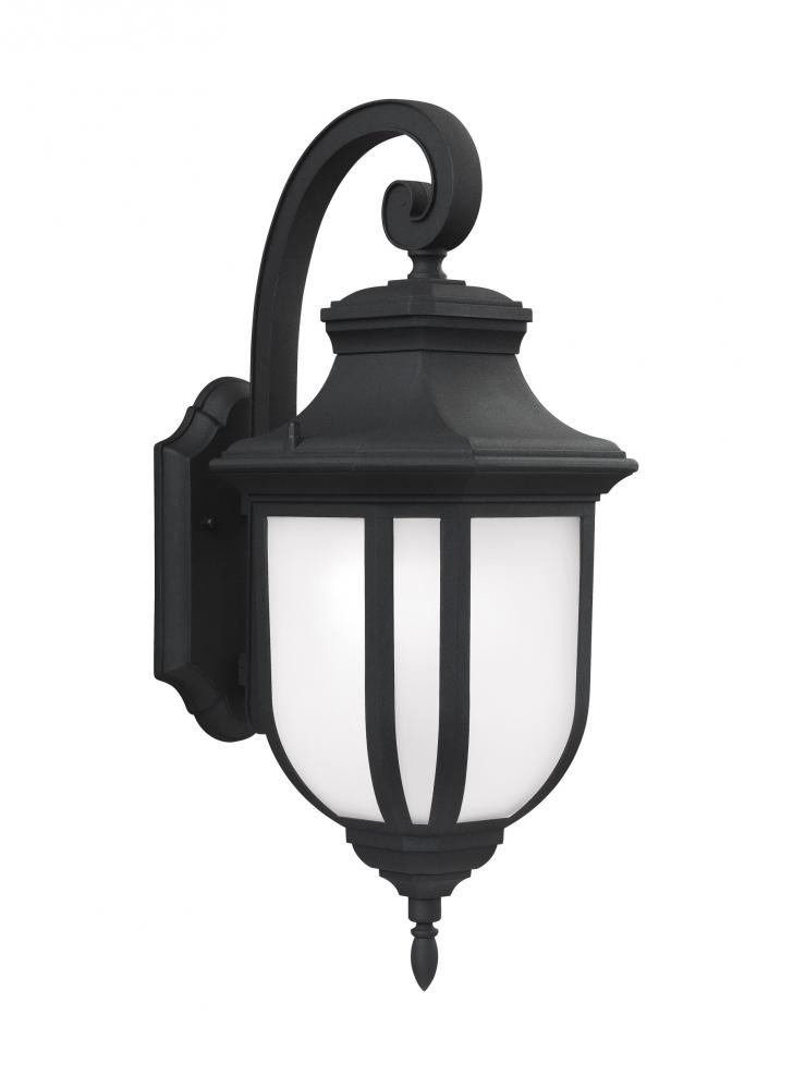 Childress traditional 1-light outdoor exterior large wall lantern sconce in black finish with satin