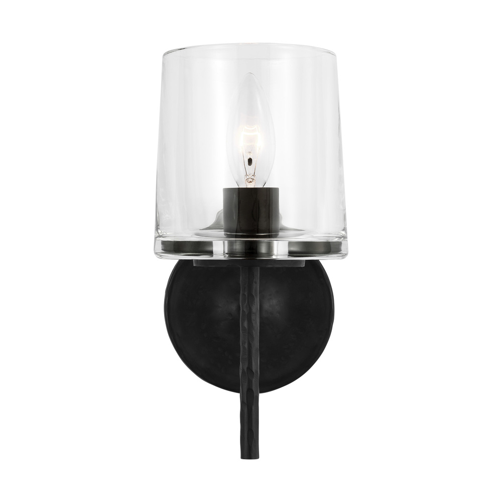 Marietta industrial indoor dimmable 1-light wall sconce in an aged iron finish with a clear glass sh